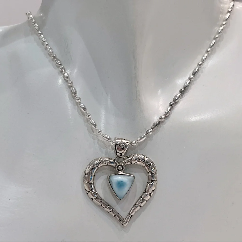 Larimar Pebbled Sterling Silver Heart Pendant 20” Necklace
